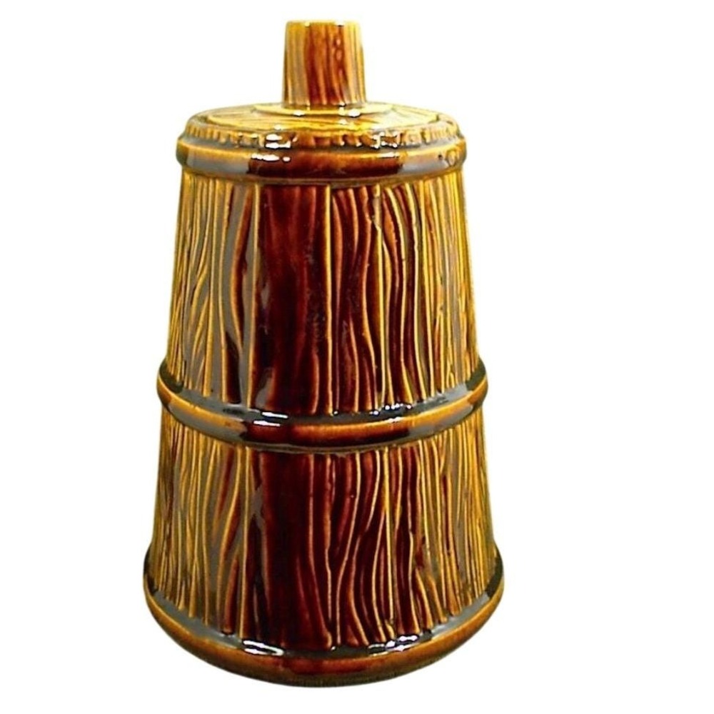 Lane Ceramics USA Vtg Brown Faux Wood Grain Barrel Canister Jar Lid Farmhouse